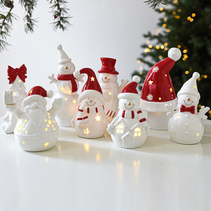 LINGKAI <b>Ceramic</b> Snowman LED Light <b>Ornament</b> White Porcelain Xmas Figurine With Red Hat Bow Tabletop Christmas Home Decor - Product Image 2