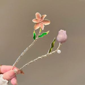 Vintage <b>Sweet</b> <b>Flower</b> Hairpin for Women Elegant Metal Enamel Hair Stick Spring <b>Flower</b> Element Hairpin Hanfu Hair Accessories - Product Image 3