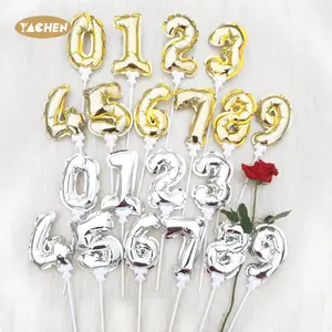 Yachen wholesale self-inflation 5 inch mini foil 0-9 number balloon cake topper for wedding birthday party decoration