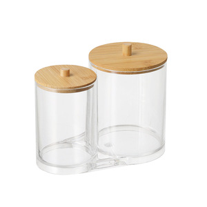 Q-Tip Cotton Swab Storage, Clear Cotton Ball Holder ,Cosmetics Storage Organizer Makeup Container Bamboo Lid Bathroom & Vanity