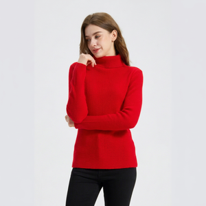 Women's Turtleneck Pullover Rib Knit 100% Cashmere Solid Red Winter <b>Sweater</b> Full Sleeve Elegant Style - Product Image 5