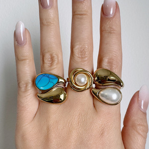 Anello Mirawell alla Moda in Pietra Naturale a Forma di Goccia, Anello Aperto in Acciaio Inossidabile Placcato Oro 18K, <span class=keywords><strong>Anelli</strong></span> Chunky in Acciaio Inossidabile - Product Image 3