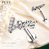 Perhiasan Tindik Hidung, Bibir, Helix, Conch LOVE Script CZ Labret Stud 316L Baja Bedah Berulir Dalam dengan Bagian Belakang Datar