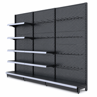Étagère Gondole Robuste Double Face Gris Anthracite en Métal avec Panneau Perforé 5 Niveaux, Crochets et Porte-Étiquettes Blancs pour Supermarché
