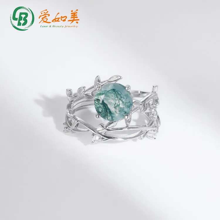 Dainty Natural Gemstone Jewelry 925 Sterling Silver Twist Twig Style Moss Green Agate Engagement Ring Set Custom Wholesale 2023
