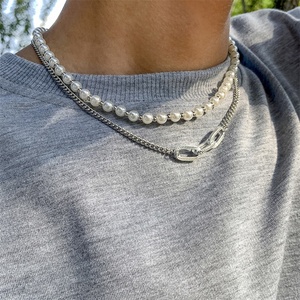 Collana Creativa a Doppio Strato <span class=keywords><strong>con</strong></span> Perle e Orsetto per Uomo, Semplice Girocollo <span class=keywords><strong>con</strong></span> Catena Intrecciata, Raffinata Collana Maschile da Regalo - Product Image 6