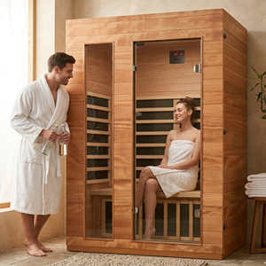 Sauna infrarouge lointain 2 places à montage facile, en bois de mahogany massif, pour couples, spa intérieur, détox, chromothérapie, éclairage LED - Product Image 1