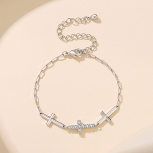 Rhodium Plated <b>Cross</b> Chain <b>Bracelet</b> With Zircon Inlay Religious Unisex Jewelry Gift - Product Image 4
