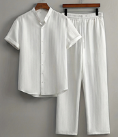 Ensemble chemise et short décontracté d'été pour homme, en polyester 100% respirant, tissé froissé, à manches courtes, deux pièces, coupe ample, sans coutures