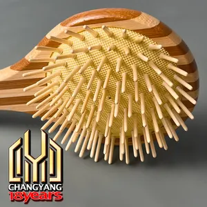 Wholesale Private Bamboo stripe fashion wood peddle hair brush detangling easy clean hair brush for black natural hair