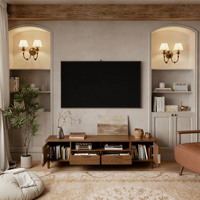 Meuble TV autoportant de style Mid-Century Modern à profil bas cannelé avec 2 armoires, tiroirs et étagère, pour salon, référence DSG052 (Stock US)