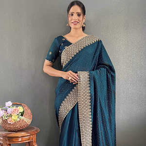 เสื้อเบลาส์ผ้าไหมปักลาย vichitra ผ้าส่าหรีสีน้ำเงินสไตล์วินเทจสำหรับงานปาร์ตี้ - Product Image 1