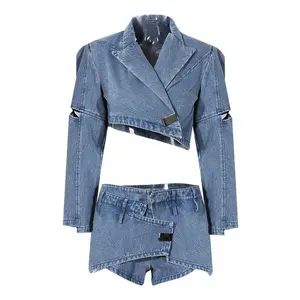 Niche Design revers Sexy évider court Denim costume femmes vêtements 2024 printemps nouveau irrégulier mince couleur unie femmes robes