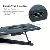Support de refroidissement pliable USB-C pour ordinateur portable avec ventilateur 2 vitesses, 10 niveaux de hauteur, rehausseur portable pour ordinateur portable et tablette de 14 à 17,3 pouces