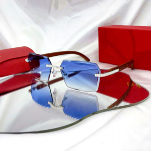 Gafas de Sol Rectangulares Sin Montura, Lentes con Degradado Azul, Detalles de Diamantes de Imitación, Unisex para Adultos, Protección Solar, Caja Incluida - Product Image 1