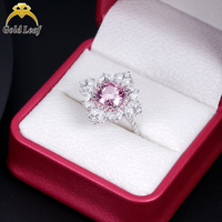 Goldleafgems Yuvarlak Pembe Mozanit Çift Hale Çiçek Şeklinde Gösterişli Yüzük 925 Ayar Gümüş Lüks Kadın Parti İnce İşçilikli Mücevher