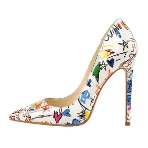 Özel bayanlar yüksek topuklu 2022 graffiti renkli rugan sivri burun 12cm tasarımcı stiletto ayakkabı kadın pompaları