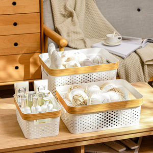 Plastic Storage Baskets With Lids Rectangle Porous Wood Grain White Handle Stackable Desktop Kitchen Bathroom Organizing Basket - Product Image 1
