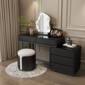 Ensemble de coiffeuse en bois noir, table de maquillage moderne en cuir avec miroir, design simple, commode de rangement pour adultes - Product Image 4