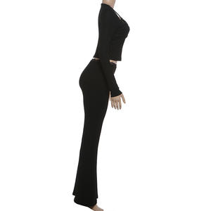 Viviblook Z0205ST01 Nouvel ensemble noir pour femmes, coupe ajustée, haut court sexy à manches longues, pantalon évasé, ensemble deux pièces - Product Image 4
