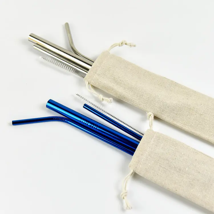 Colorful Drinking Straws in Stock Customized Reusable Straw Brush Pouch Stainless Steel Straw Set