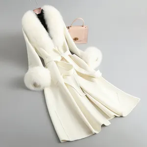 Beliebter hand gefertigter langer Kaschmir mantel im neuen Stil mit echtem Luxus-Fox-Pelz kragen Doppelseitiger Kaschmir mantel für Frauen