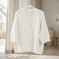 Pull en maille pointelle pour femme en mélange viscose PBT, col en V profond, manches 3/4, ajouré, coupe oversize et carrée, blanc, décontracté, printemps