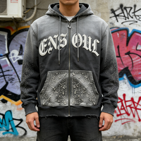 Sweat à capuche pour homme en coton épais, style streetwear, dégradé et vieilli, avec patchs brodés et strass, personnalisable, US Custom