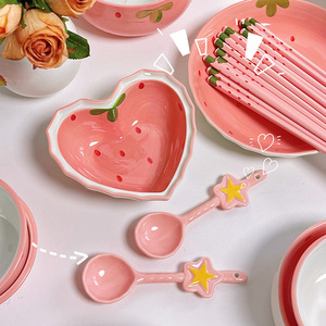 Cute Girly <strong>Heart</strong> Ceramic <strong>Bowl</strong> with Spoon Household Combination Salad Dessert Berry <strong>Bowl</strong> Spoon - Product Image 2
