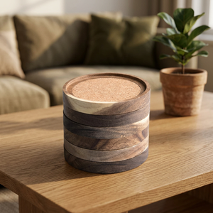 Posavasos Redondos de Madera con Base de Corcho, Antideslizantes, Accesorios Modernos para Mesa, Diseño Apilable - Product Image 4