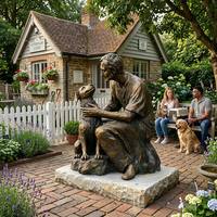 Statue de jardin en bronze antique, homme agenouillé et chien fidèle, sculpture artisanale, décoration paysagère extérieure pour ferme