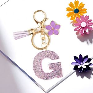 Porte-clés en résine DIY style coréen avec 26 lettres anglaises à paillettes, pendentif fleur violette, breloque de sac - Product Image 4