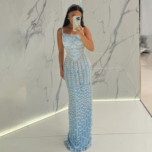 Sharon Said Vintage Straight Evening <strong>Dress</strong> Dubai Spaghetti Straps Blue Luxury <strong>for</strong> <strong>Women</strong> Arabic Long Pleat Special Occasion - Product Image 4
