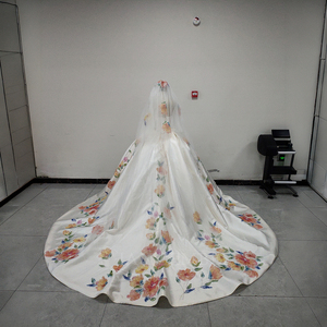 Spjy001 Luxury Ivory Floral Print Wedding Satin Princess Ball Gown Sweetheart Draped Bodice Floor-Length Watteau Train Color - Product Image 2