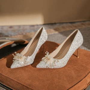 Escarpins de mariée à paillettes, bout pointu, talon aiguille de 5 à 8 cm, décoration florale, chaussures de mariage - Product Image 3