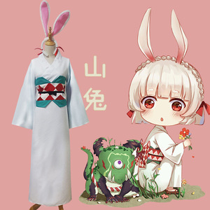 Shikigami Yamausagi Kimono Complete Set Cosplay Costume With Rabbit Ears White Polyester Female Anime Outfit - Product Image 1