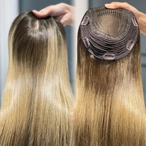 Base grande 6*7 Topper capelli umani in seta ebrea con radici nere con evidenziazione marrone per donne bianche - Product Image 1