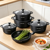 Ensemble de 9 casseroles et poêles en aluminium antiadhésif effet granit noir, poignées résistantes à la chaleur, compatibles induction