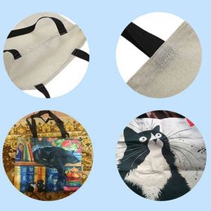Sac fourre-tout en lin à motif de chat mignon imprimé numériquement en haute définition, sacs de courses écologiques en toile de jute - Product Image 3