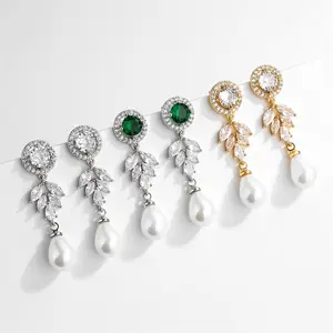 Wholesale New Style Fashion Bridal Crystal Dangle Pearl Long Water Drop Zircon Earrings