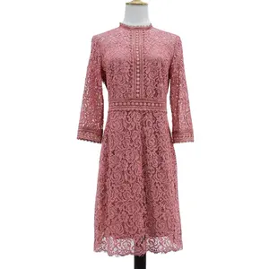 Fakifii Casual Elegant Ladies Dresses 2023 Spring Fashion Lace Solid Color Long Sleeve Pink Embroidery Women's Dresses