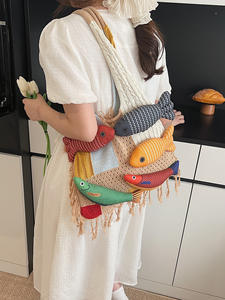 Sac fourre-tout tissé à bandoulière pour femmes, grande capacité, style rétro, avec pompons, personnalisable, vente en gros - Product Image 2