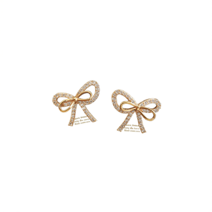Boucles d'oreilles dorées en forme de nœud papillon pour femmes, serties de strass, bijoux fantaisie mignons, cadeau, en alliage plaqué or - Product Image 1