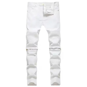 New Fashion Men's Jeans Pleated Stretch Skinny Biker Jeans High Quality Slim Fit Jeans White Denim Pants Trousers