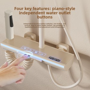 Rubinetto <span class=keywords><strong>Doccia</strong></span> Moderno KAWAL in Ottone Spazzolato a Tre Maniglie, Set Completo con Luci, <span class=keywords><strong>Vetro</strong></span> Temperato, Termostato Digitale Intelligente - Product Image 2