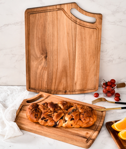 Planche à découper en bois d'acacia, planche à découper en bois pour la cuisine, plateau de service pour pizza, plateau à sushi avec rainure pour les jus, poignée pour la cuisine - Product Image 1