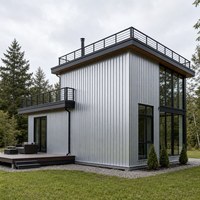 Maison portable en structure acier avec plateforme de toit, escalier extérieur et plan ouvert moderne