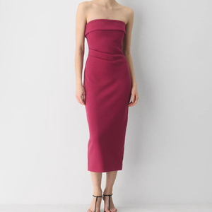 Burgundy Strapless Folded Detail Bodycon Fitted casual skirt Midi Dress Sexy Formal Cocktail Wear for Wedding & Evening Parties - Product Image 4