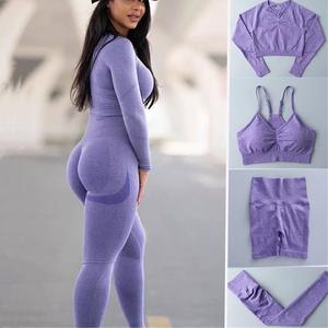 Индивидуальные бесшовные костюмы из 2 предметов для спортзала, спортивные костюмы для женщин, короткий топ с длинным рукавом + Скрещенные леггинсы, комплекты для йоги, фитнеса и активного отдыха - Product Image 6