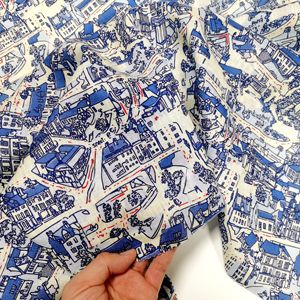 Tissu en lin 100% imprimé avec un motif de maisons bleues personnalisé, en vente, au mètre, pour les vêtements des filles, des garçons et des enfants - Product Image 6